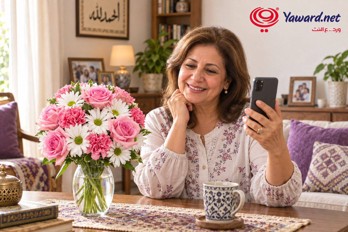 Illustrative scene: mother in Egypt sharing a call beside pink and white flowers / مشهد توضيحي لأم في مصر بتشارك مكالمة جنب الورد