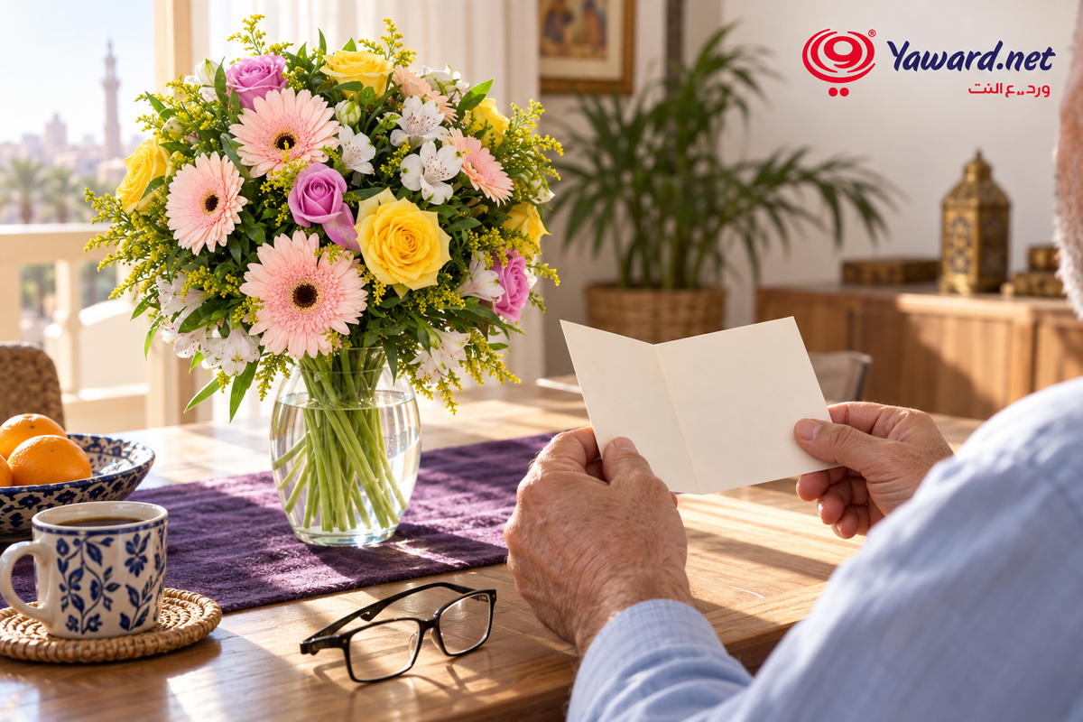A father holding a gift card beside yellow, lilac and peach flowers at home / أب ماسك كارت هدية جنب ورد أصفر وموف وخوخي في البيت